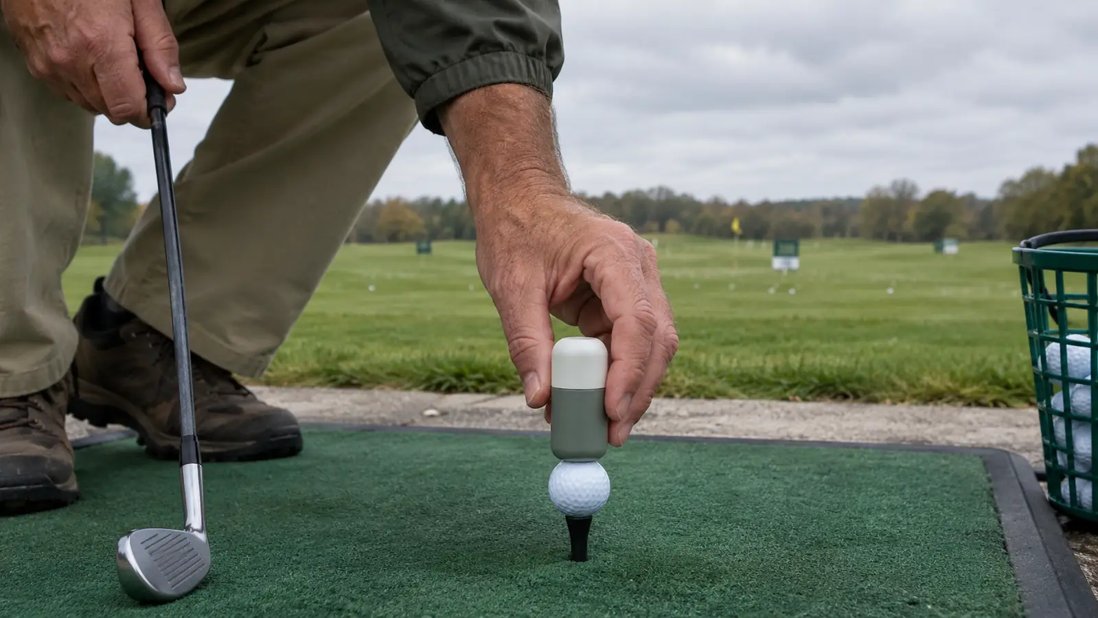 A golfer's hand placing a golf ball on a tee at a driving range