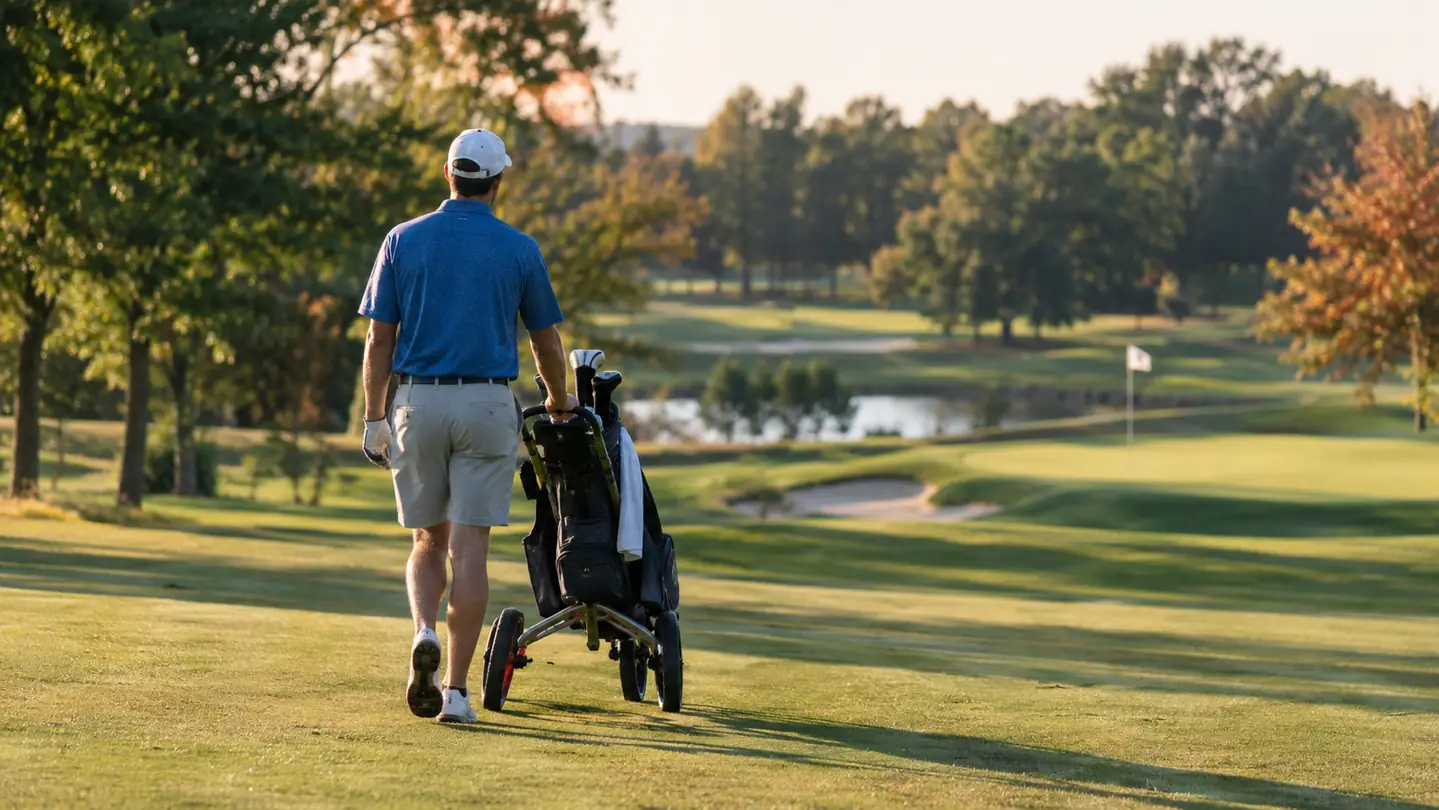 A golfer walking a fairway with a push cart and stand bag in late afternoon light