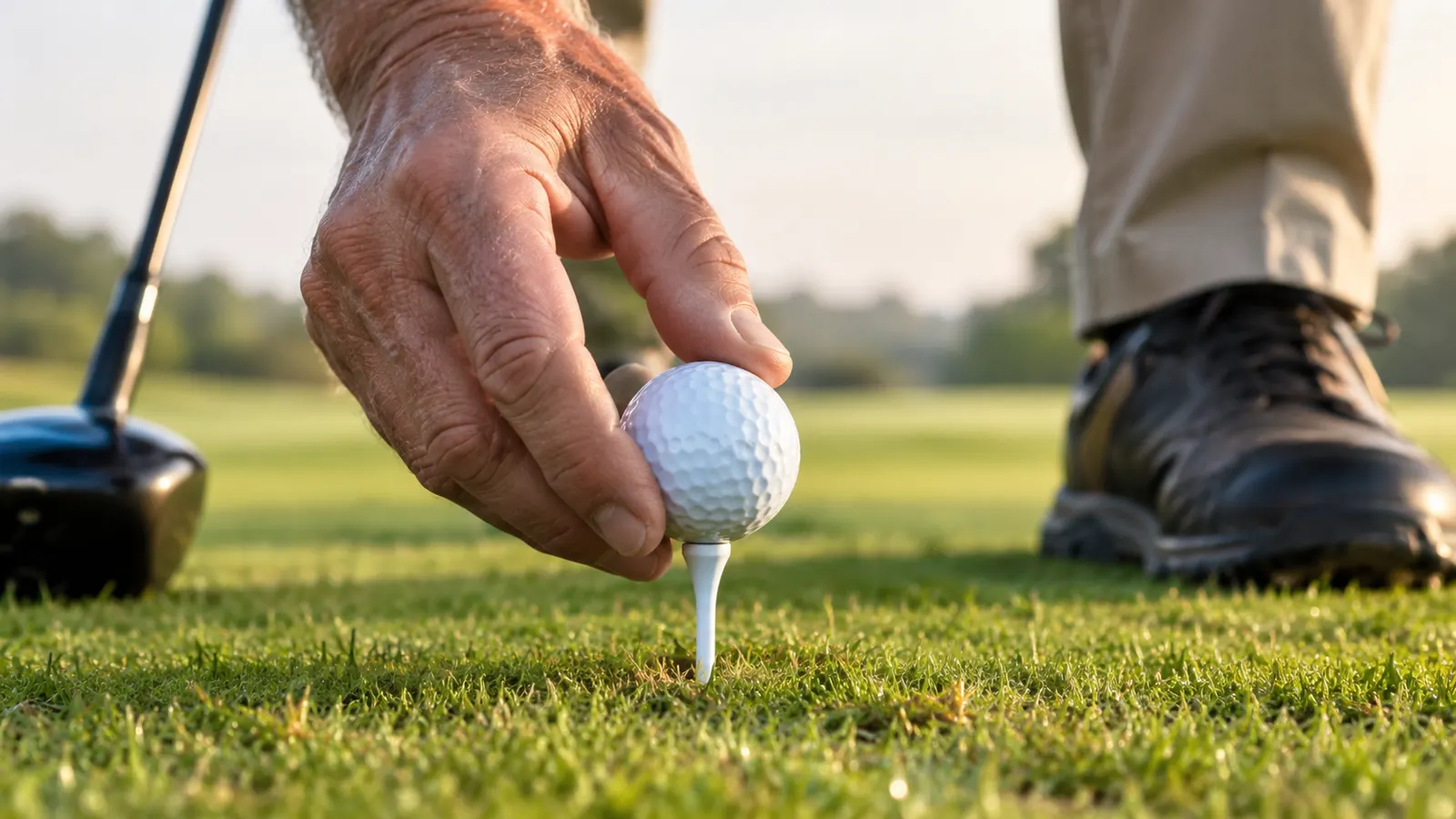 A golfer's hand teeing up a golf ball.
