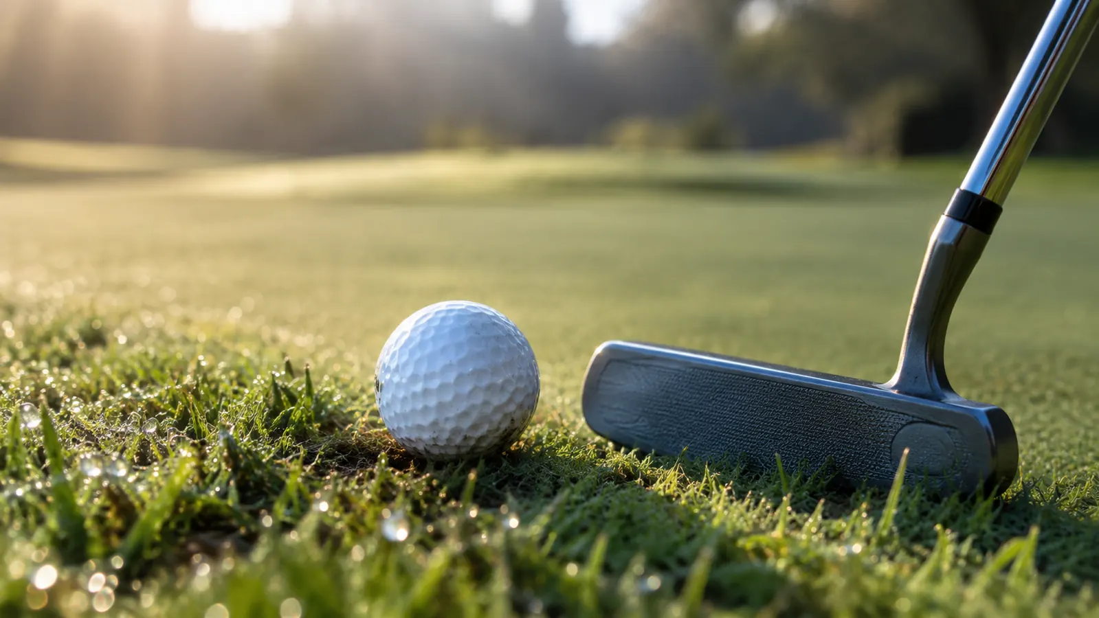 A golf ball on the fringe of a green beside a putter in morning light.