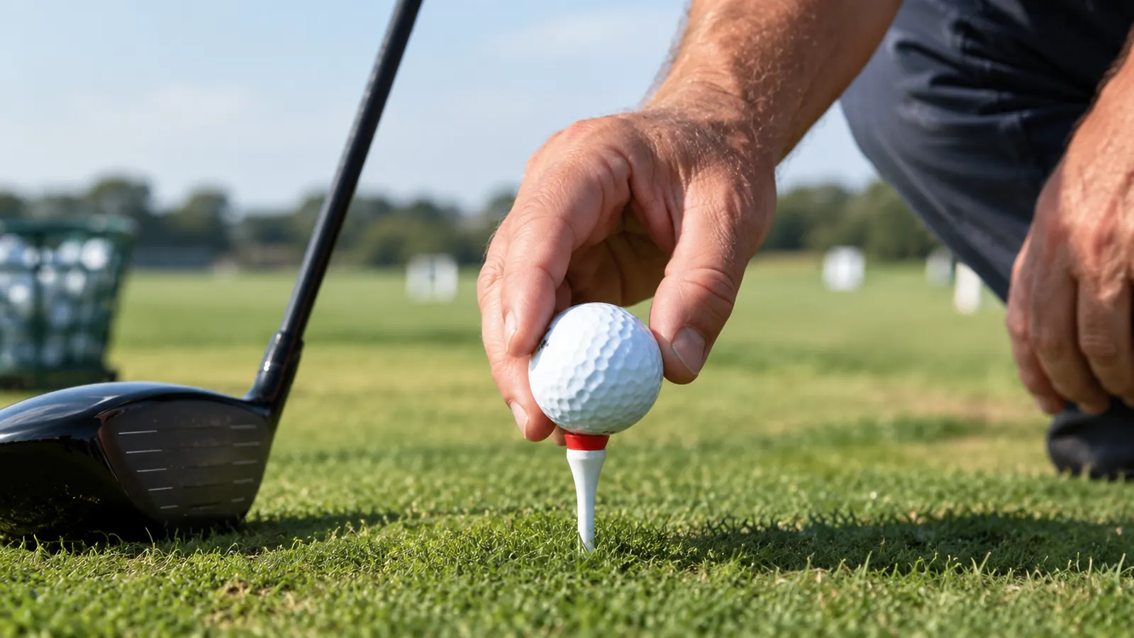 A golfer teeing up a golf ball at a driving range
