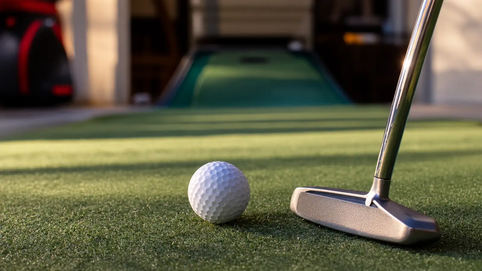 A golf ball on a practice green with a putter resting nearby in late afternoon light